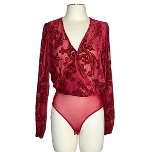 Forever 21 Cranberry red velvet burnout sheer bodysuit size M NWT
